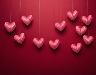 Fototapeta premium Happy Valentine's Day banner with red abstract illustration hearts, dark red and pink hanging hearts with copy space, AI-generated