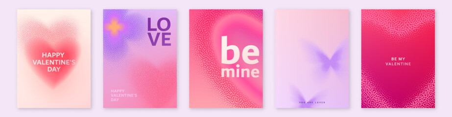 Heart vector background set for Valentines day. Love pattern with gradient noise hearts, butterfly, flower. Geometric blur romance minimal banner. Modern grainy abstract art in pink, light red color