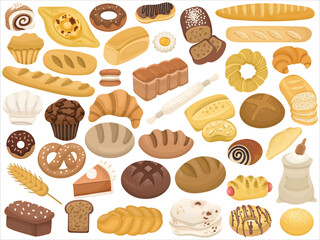 Big set or collection with bread, different pastries and baguette, whole grain bread. Illustration for bakery or confectionery on white background