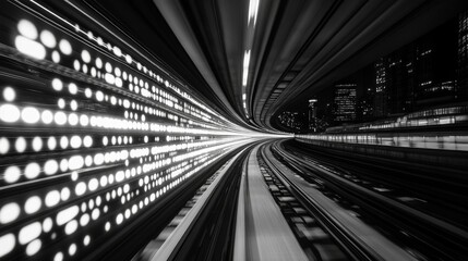 Nighttime urban transit, blurred motion, bright lights.