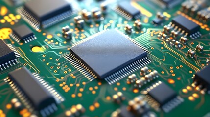 Obraz premium Close-up of Microchip on Circuit Board, Technology Background, Green PCB