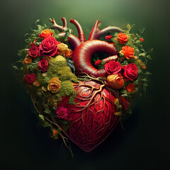 Valentine’s Day Dark Romantic Anatomical Heart and Flowers Card, Social Media Post, Green Nature Valentine | AI Generated image