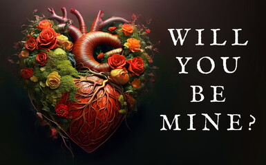 Will You Be Mine Valentine’s Day Dark Romantic Anatomical Heart and Flowers Card, Social Media Post | AI Generated image
