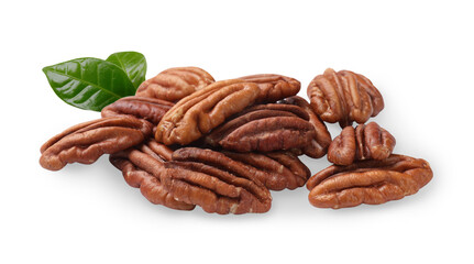 Tasty pecan nuts and green leaves isolated on white