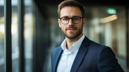 Naklejka premium Man in glasses, suit, serious expression, office background.
