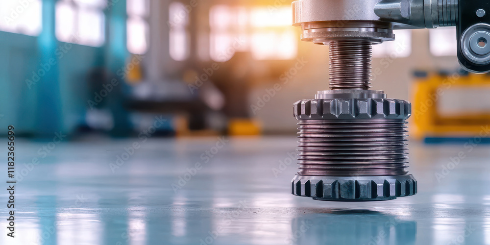 Poster close up of mechanical component factory setting, showcasing precision engineering and