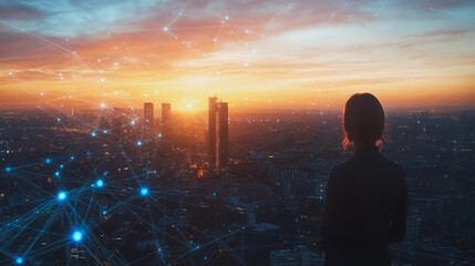 Fototapeta premium Abstract business woman stands on the peak of success amid tall, innovative Smart city and graphs with statistics to analyze business potential and predict future developments in company growth.