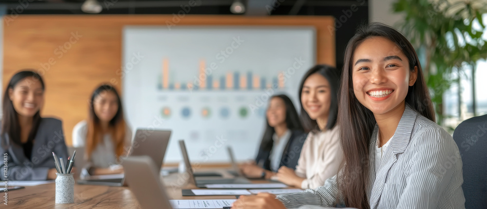 Poster diverse team in high tech boardroom smiling and collaborating on analysis