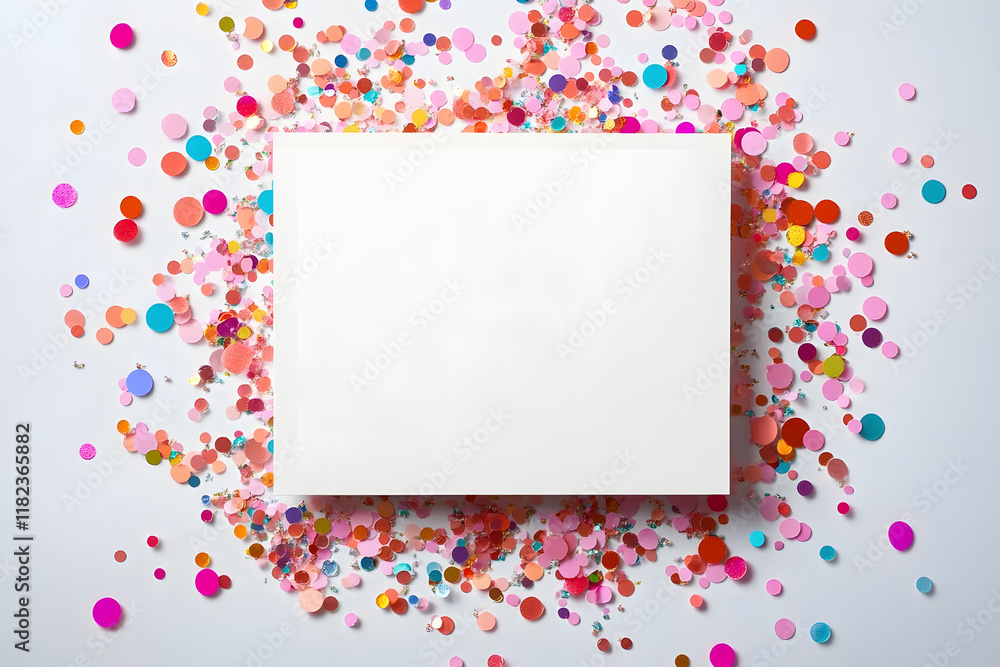 Poster white greeting card over scattered colorful sequins and confetti on isolated white background with b