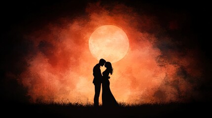 Fototapeta premium A romantic silhouette of a couple embracing against a vibrant sunset, creating a warm and intimate atmosphere, Perfect for themes of love, relationships