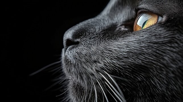 Photo: Dark Cat Portrait, Close-up Fur, Whiskers, Golden Eye on Black Background