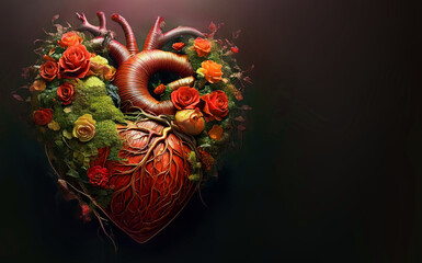 Blank Valentine’s Day Dark Romantic Anatomical Heart and Flowers Card, Social Media Post | AI Generated image