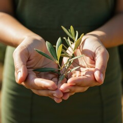 Cupped hands, holding olive branches, warm golden light, close-up shot, delicate leaves, symbolic peace offering, soft focus background, earthy tones, gentle caring gesture, organic textures, hope and