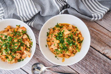 homemade recipe for chickpea dish with chicken and sauce