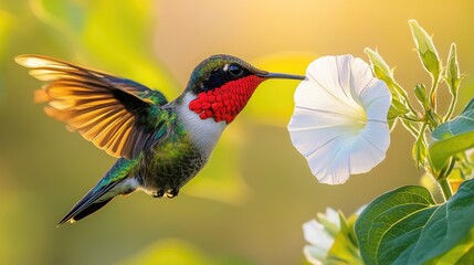 A hummingbird hovering near a white flower, showcasing nature's beauty and pollination.