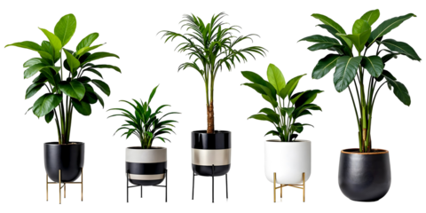 Collection of various Tropical plants in pots isolated on transparent background.