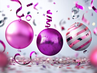 Fototapeta premium Festive Purple Pink Silver Glitter Christmas Balls Confetti