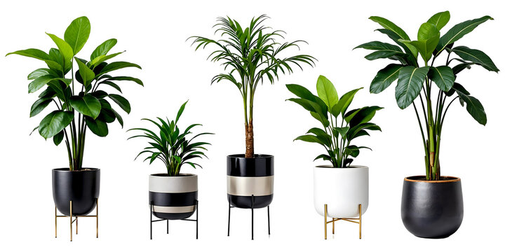 Collection of various Tropical plants in pots isolated on transparent background.
