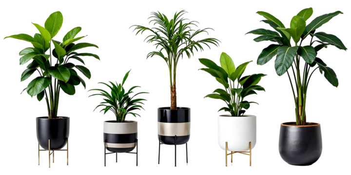 Collection of various Tropical plants in pots isolated on transparent background.