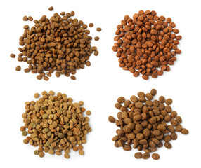 Dry pet food on white background, top view. Set