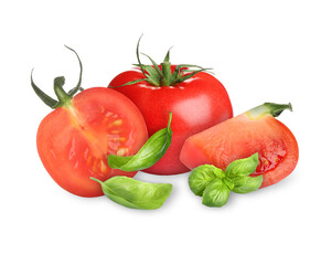 Fresh raw tomatoes and aromatic basil leaves isolated on white