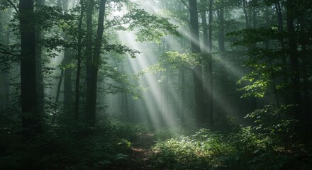 Obraz premium Misty forest, ethereal sunbeams, dappled light, green foliage, atmospheric, mystical woodland path, foggy, enchanted forest, cinematic lighting, dark tree trunks, soft focus, dreamy, magical ambiance,