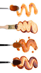 Different marinade sauces isolated on white, set. Top view