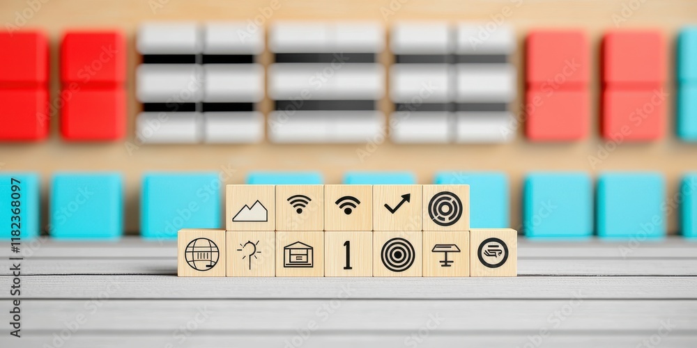 Aufkleber wooden blocks displaying icons on a colorful background