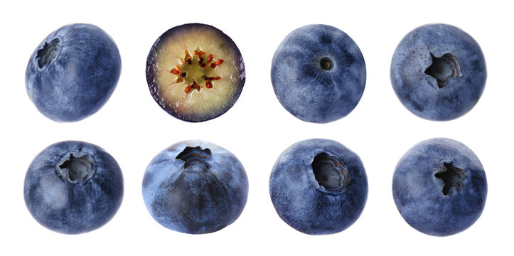 Fresh ripe blueberries isolated on white, set