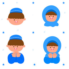 muslim children faces with expressions and praying hands ramadan flat vector illustration set