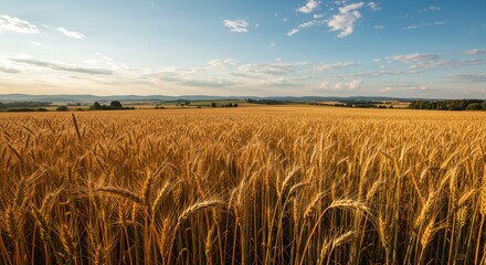 Golden wheat field, vast prairie landscape, wispy cirrus clouds, blue sky, distant mountains, warm sunlight, autumn harvest, agricultural panorama, rural tranquility, expansive horizon, natural beauty
