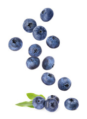 Fresh ripe blueberries falling on white background