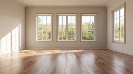 Fototapeta premium Sunlit Empty Room with Large Windows and Hardwood Floors