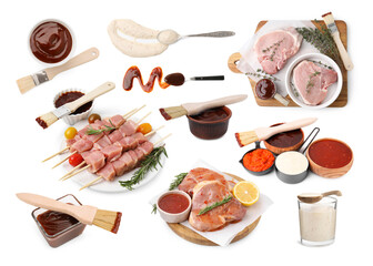 Marinade sauces and different types of marinated meat on white background, collage