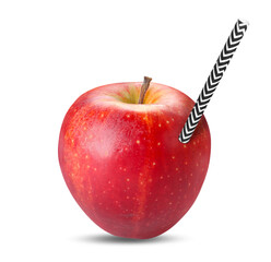 Ripe red apple with drinking straw on white background. Organic juice or freshly made smoothie concept