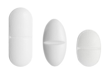 Different pills in row isolated on white, set