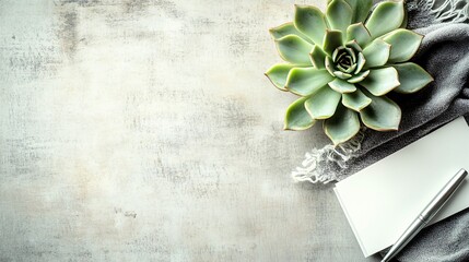 Elegant Succulent Plant with Blank Note and Pen