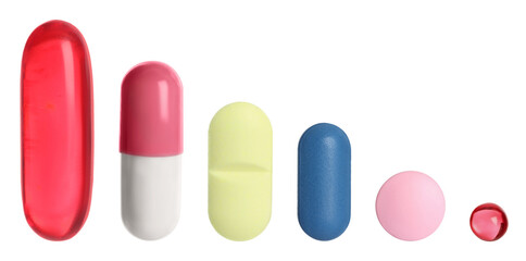Different pills in row isolated on white, set