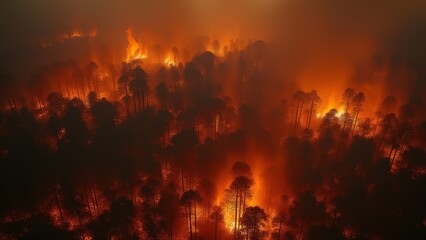 Fototapeta premium Fire in a pine forest at night on an area of more than a hectare