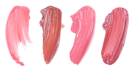 Lip gloss of different shades on white background, set of samples
