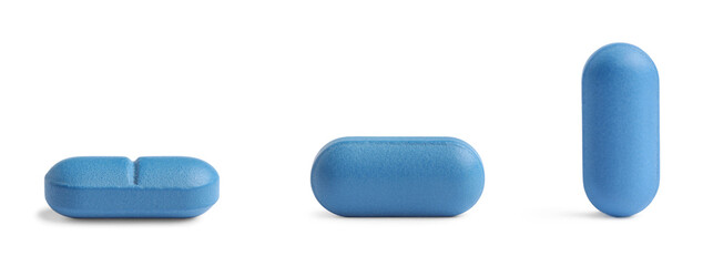 Blue pill isolated on white, different sides