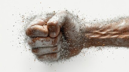 Obraz premium A powerful fist dissolving into dust and grit. Ideal for conveying strength, struggle, or decay in posters, book covers, or album art.