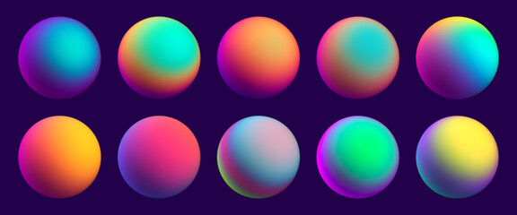 Set of colorful balls with various vibrant and vivid smooth gradient colors for creative digital artwork designs. Colorful spheres set with blurred colors for creative projects. Vector illustration