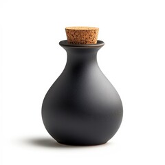 A sleek black ceramic vase with a cork stopper, perfect for home decor or product photography, Its minimalist design adds elegance to any setting, suitable for advertising or lifestyle imagery,