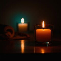 candlelight, warm glow, dark ambient room, reflective surface, soft focus, moody atmosphere, multiple candles, shadows and light, romantic setting, intimate lighting, peaceful ambiance, nighttime scen