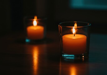 candlelight, warm glow, dark ambient room, reflective surface, soft focus, moody atmosphere, multiple candles, shadows and light, romantic setting, intimate lighting, peaceful ambiance, nighttime scen