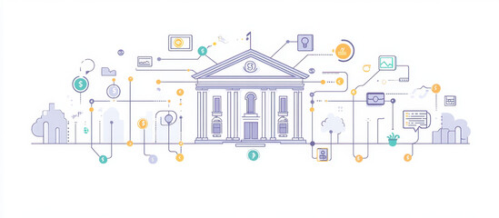 A graphic depicts a financial institution with various digital elements surrounding it. Symbols of data exchange, finance, and technology represent modern banking.