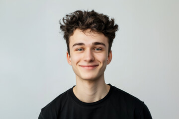 Fototapeta premium a young Caucasian teen in neat attire on a white gray background captures a blend of professionalism and casual confidence.