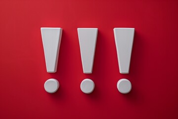 Three white exclamation mark signs on a red background.