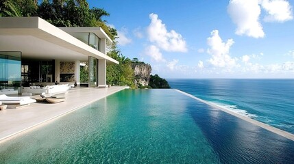 Fototapeta premium Ultra-modern beachfront villa with open glass walls, infinity pool, and ocean view, minimalist design 